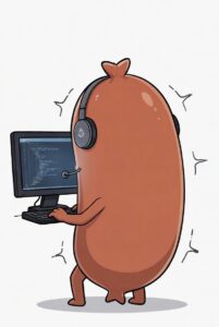 震えながらコーディングするソーセージのアニメ